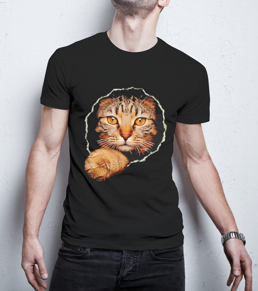 Tabby Cat Golden Eyes Peeking Through Handsome Brown T-Shirt