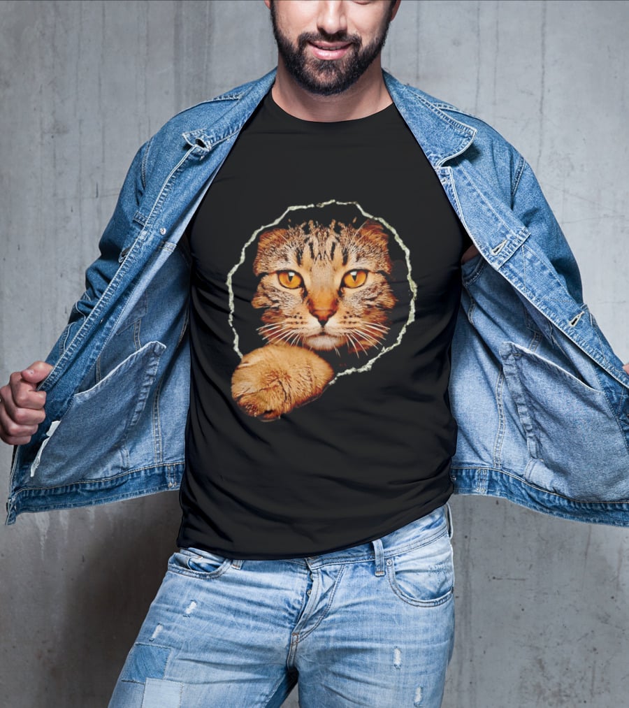 Tabby Cat Golden Eyes Peeking Through Handsome Brown T-Shirt