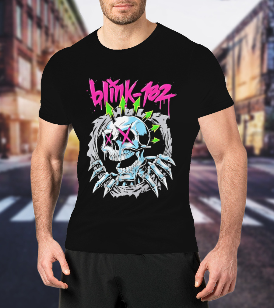 Blink 182 Pink Script With Neon Green Arrows And Punk Skull T-Shirt