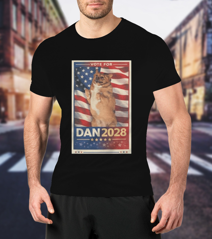 Vote For Dan 2028 American Flag Dog Stars Stripes T-Shirt
