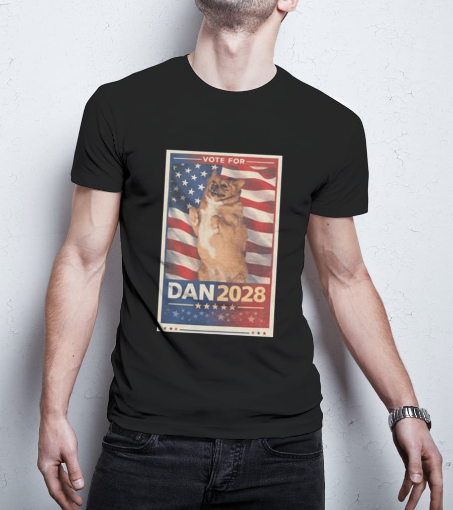 Vote For Dan 2028 American Flag Dog Stars Stripes T-Shirt