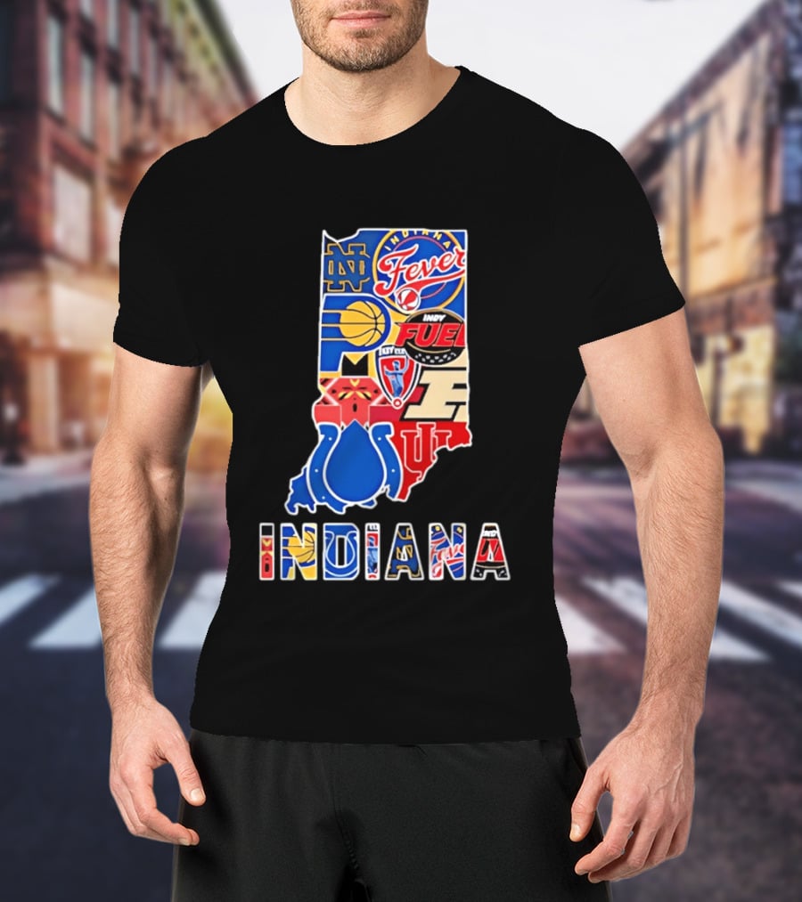 Indiana Sports Team Logos Map Featuring Colts Pacers Fever Hoosiers Fighting Irish Fuel T-Shirt