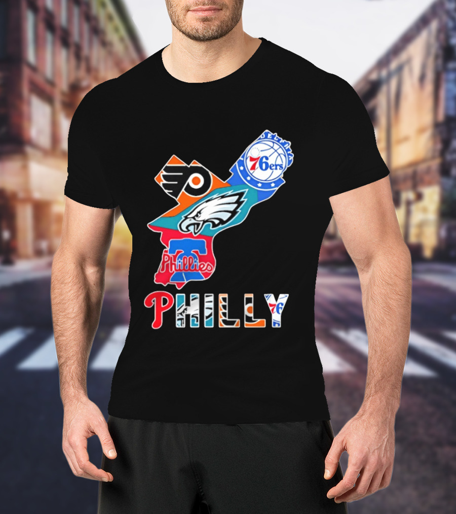 Philadelphia Flyers 76ers Eagles Phillies PHILLY Sports Logos State Map T-Shirt