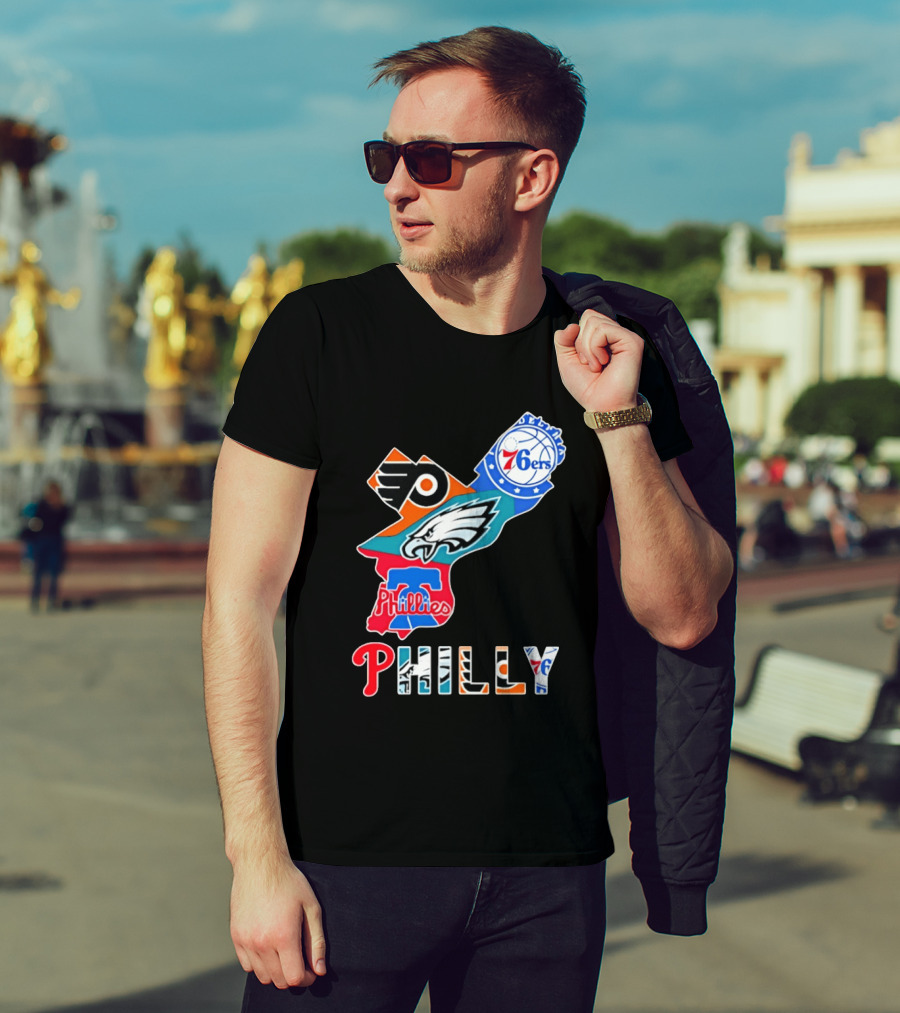 Philadelphia Flyers 76ers Eagles Phillies PHILLY Sports Logos State Map T-Shirt