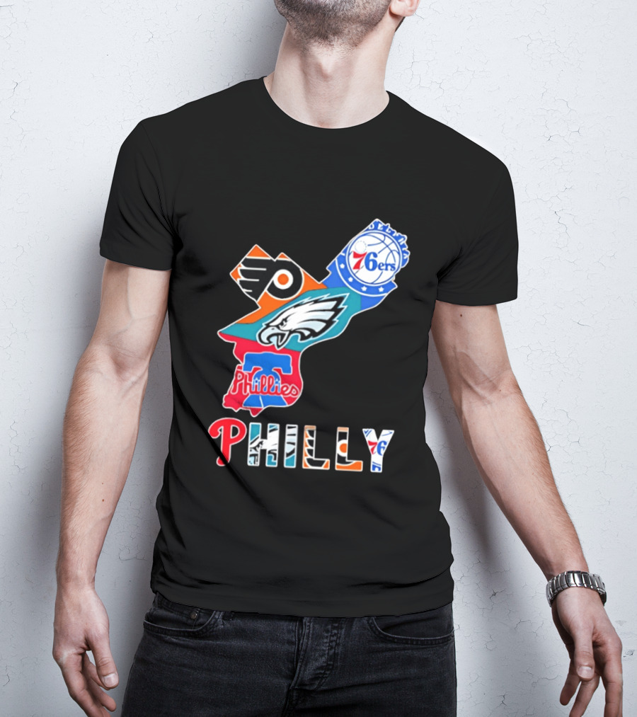Philadelphia Flyers 76ers Eagles Phillies PHILLY Sports Logos State Map T-Shirt