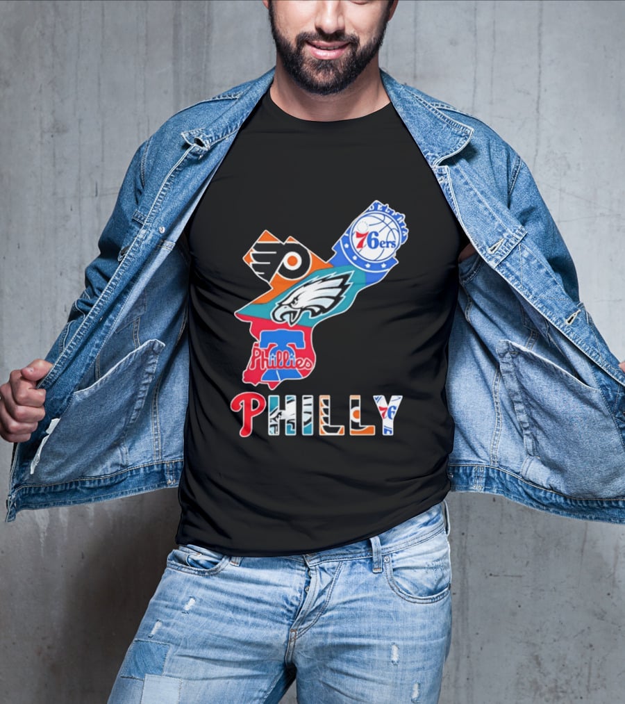 Philadelphia Flyers 76ers Eagles Phillies PHILLY Sports Logos State Map T-Shirt