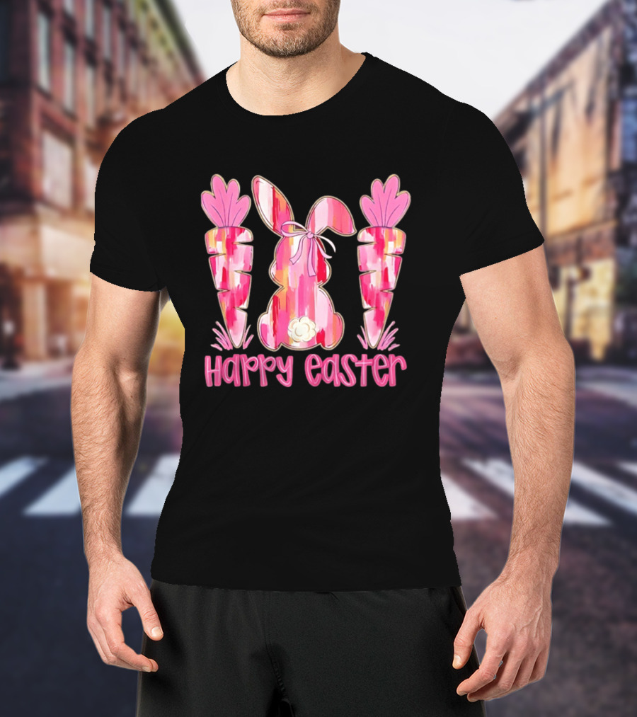 Pink Brushstroke Bunny Carrot Happy Easter T-Shirt