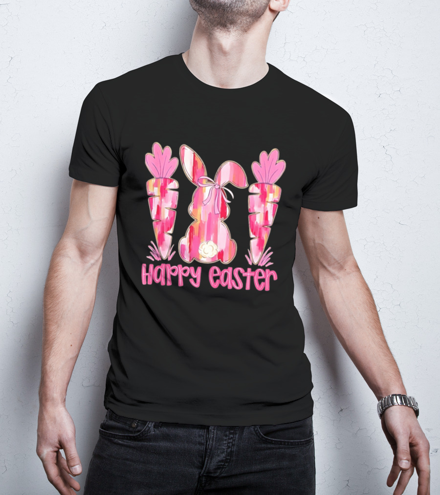 Pink Brushstroke Bunny Carrot Happy Easter T-Shirt
