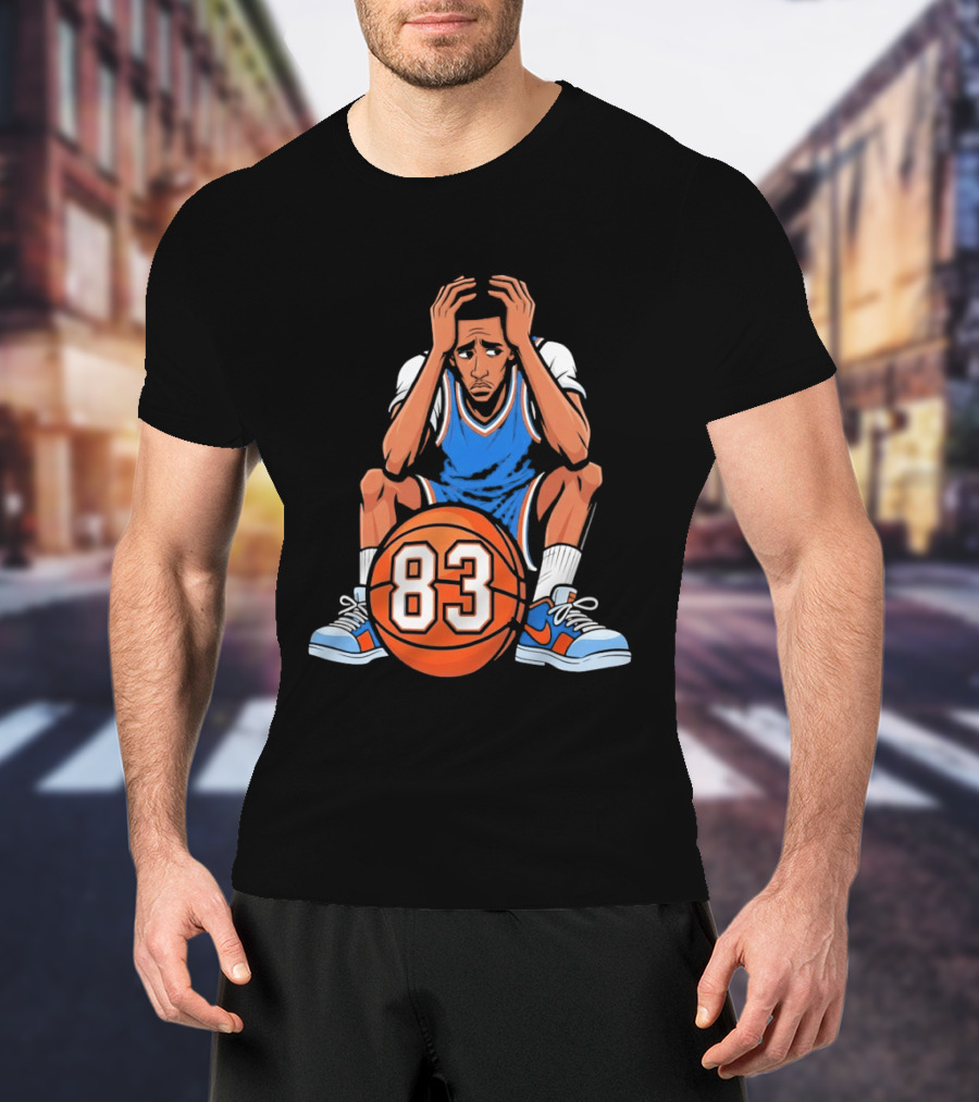 Basketball Player Caricature 83 Sitting Blue Orange Jersey Sneakers T-Shirt