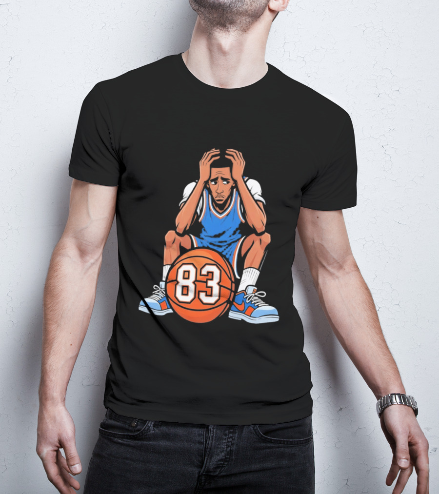 Basketball Player Caricature 83 Sitting Blue Orange Jersey Sneakers T-Shirt