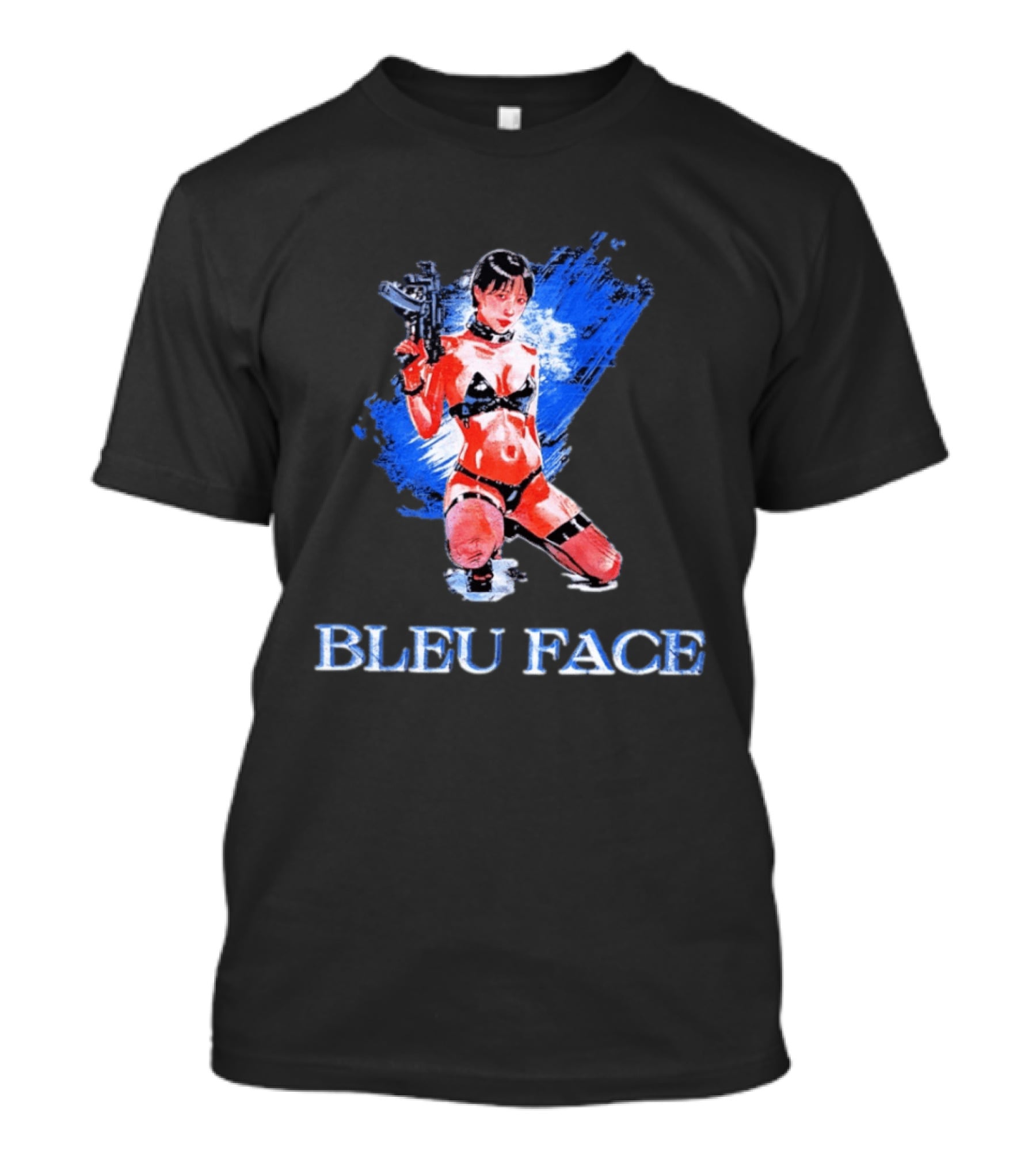 Bleu Face Anime Girl With Gun And Blue Brushstroke T-Shirt
