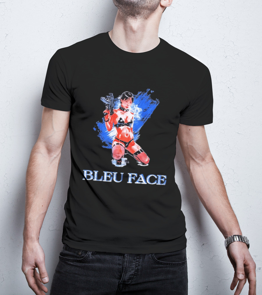 Bleu Face Anime Girl With Gun And Blue Brushstroke T-Shirt
