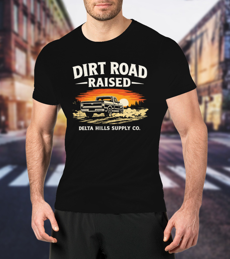 Dirt Road Raised Delta Hills Supply Co Vintage Pick Up Truck Sunset T-Shirt