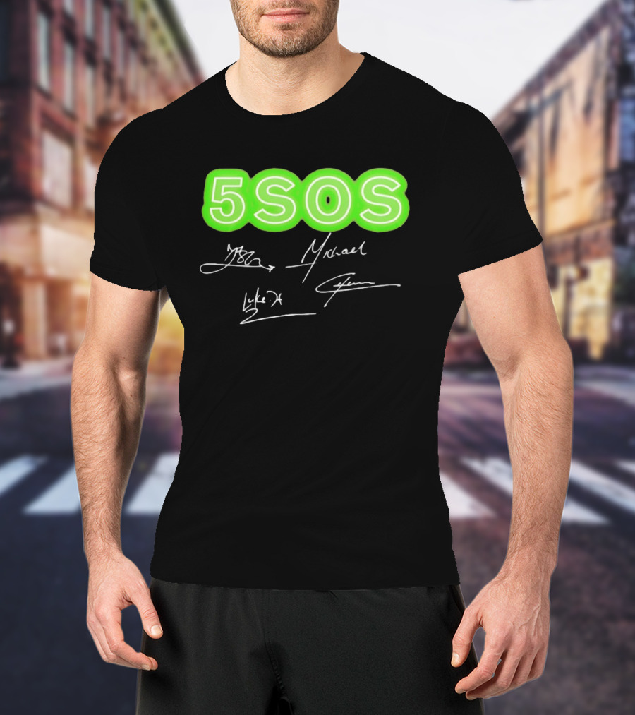 5SOS Luke Hemmings Calum Hood Ashton Irwin Michael Clifford Signatures Neon Green T-Shirt