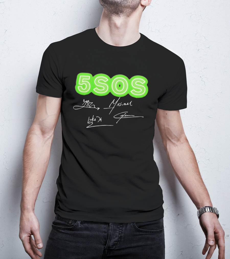 5SOS Luke Hemmings Calum Hood Ashton Irwin Michael Clifford Signatures Neon Green T-Shirt