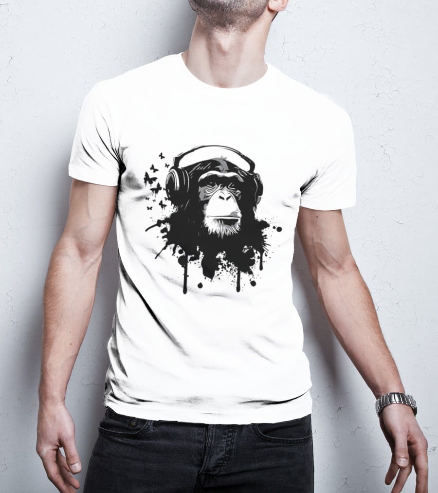 Monkey Headphones Street Art Splatter T-Shirt