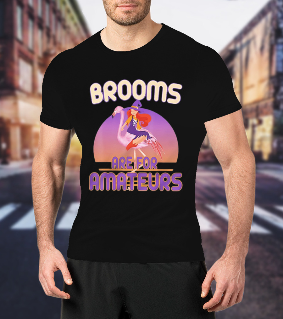 Brooms Are For Amateurs Witch Riding Flamingo T-Shirt