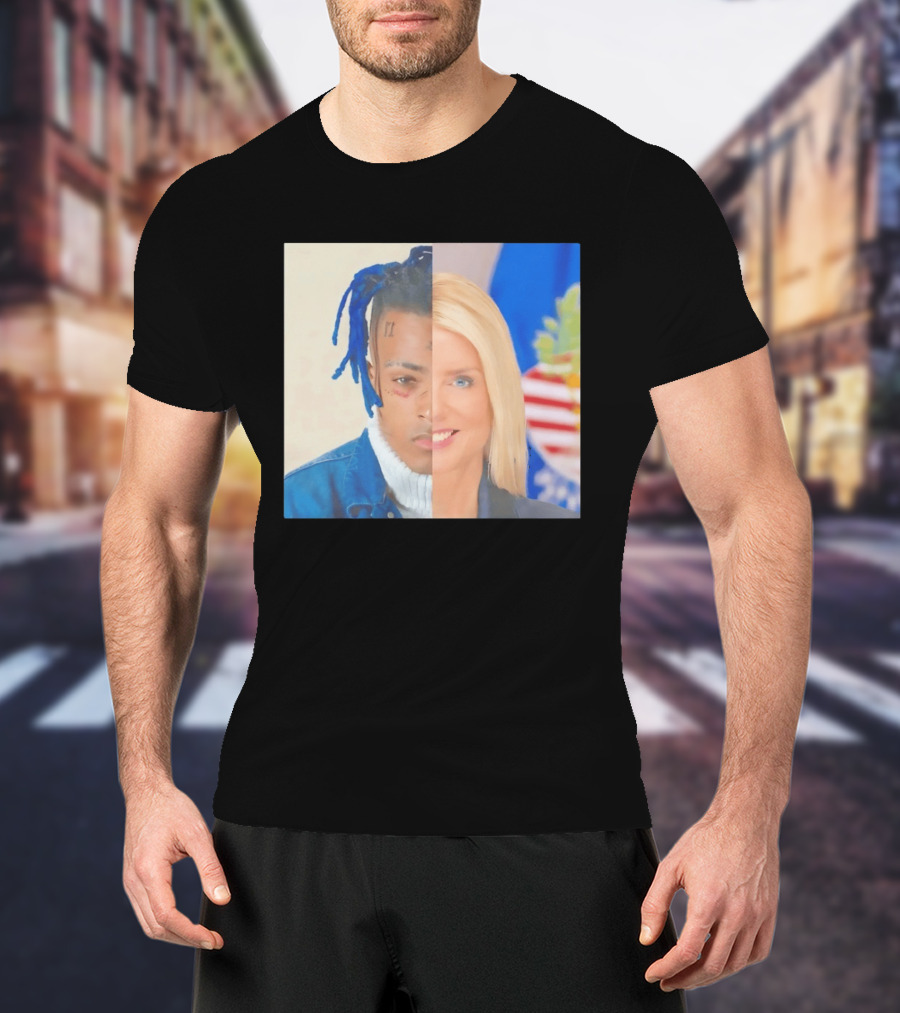 XXXTentacion Pam Bondi Split Image Face Half Blue Dreads Tattoos American Flag T-Shirt