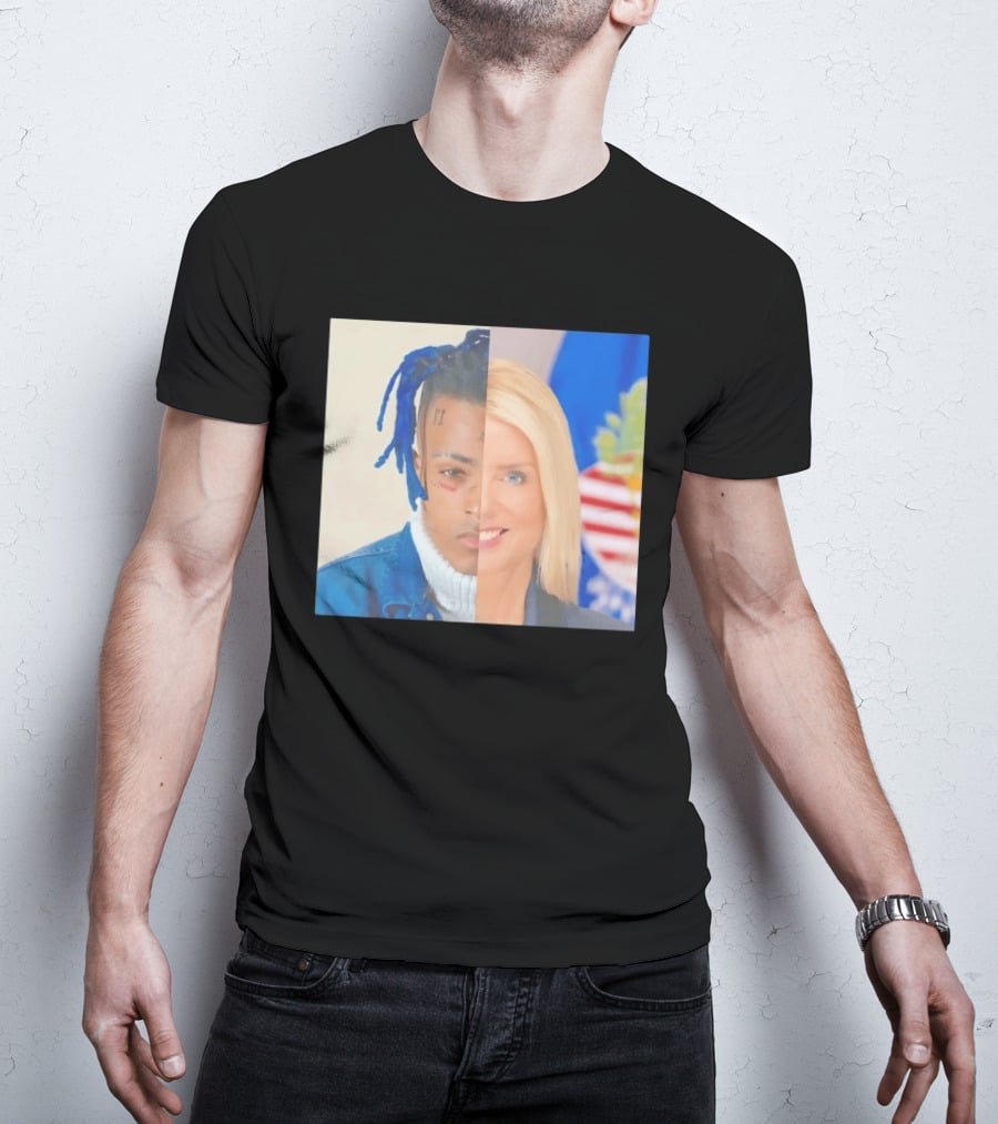 XXXTentacion Pam Bondi Split Image Face Half Blue Dreads Tattoos American Flag T-Shirt