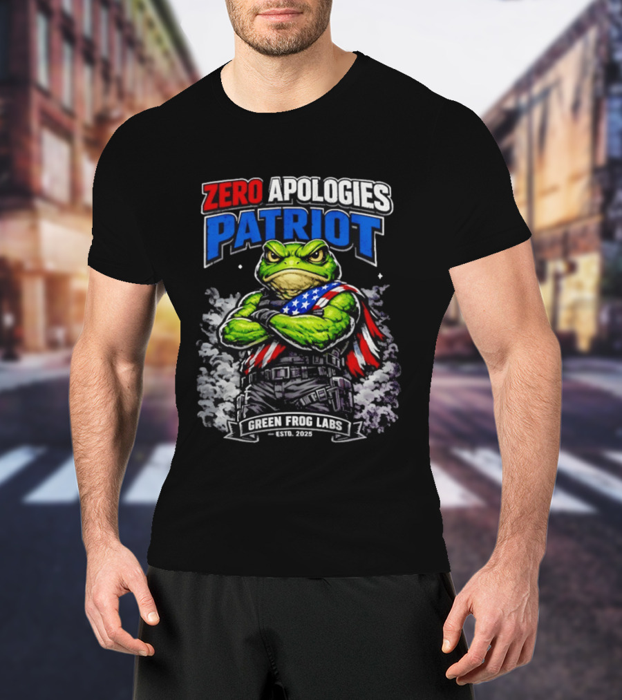 Zero Apologies Patriot Green Frog Labs Estd 2025 American Flag Frog T-Shirt