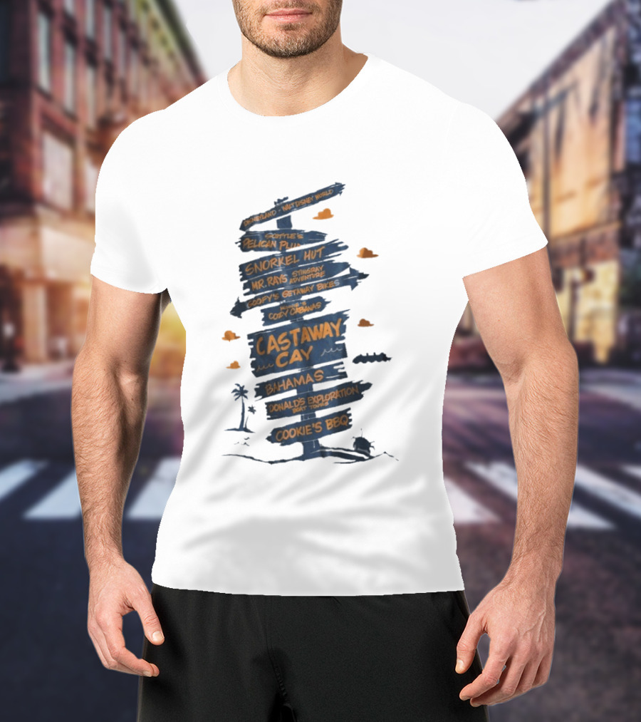 Castaway Cay Bahamas Adventure Signpost Donald's Boat Tours Cookie's BBQ T-Shirt