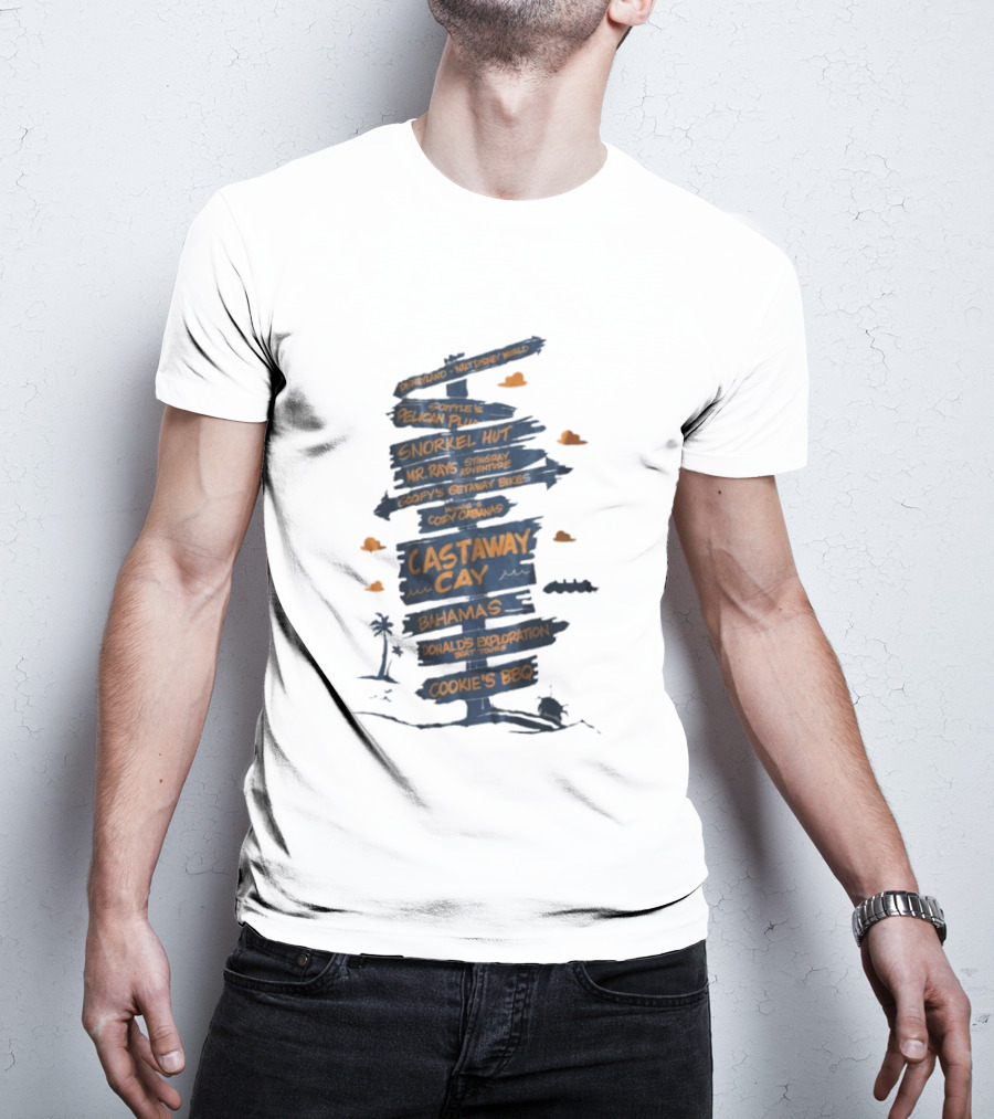 Castaway Cay Bahamas Adventure Signpost Donald's Boat Tours Cookie's BBQ T-Shirt