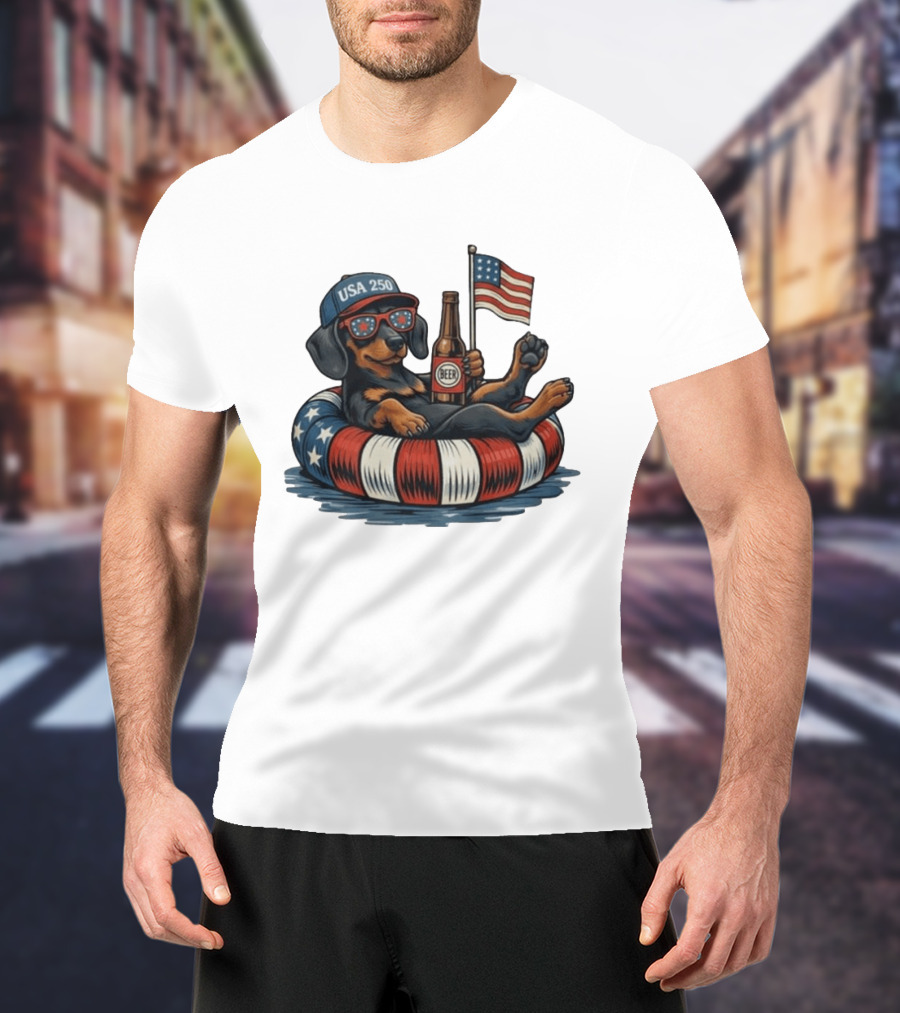 USA 250 Dachshund Floating With American Flag And Beer T-Shirt