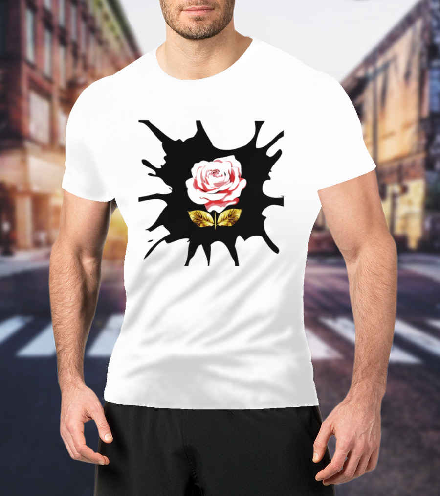 Elegant Pink Flower On Dark Splatter With Golden Leaves T-Shirt