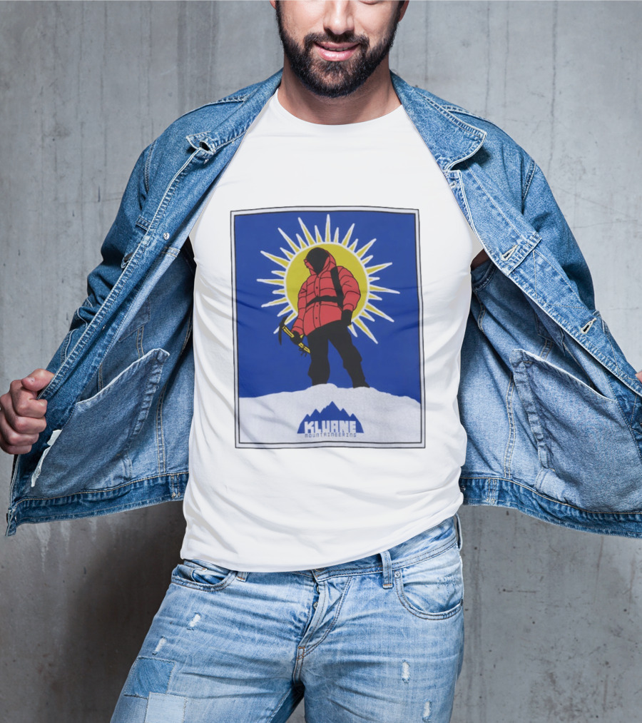 Kluane Mountaineering Hiker In Red Parka With Sunburst And Ice Axe T-Shirt
