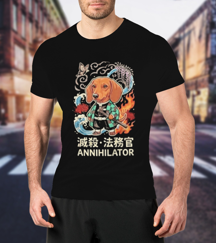 Annihilator Dachshund Kimono Kanji Flame Water Sword Butterfly T-Shirt