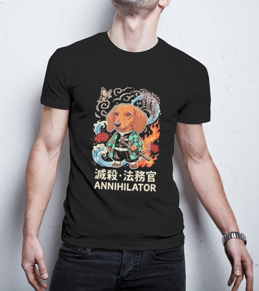 Annihilator Dachshund Kimono Kanji Flame Water Sword Butterfly T-Shirt