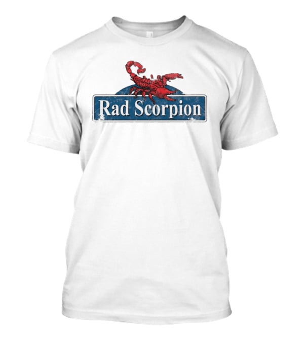 Rad Scorpion Retro Style Distressed Blue Street Sign With Red Scorpion T-Shirt