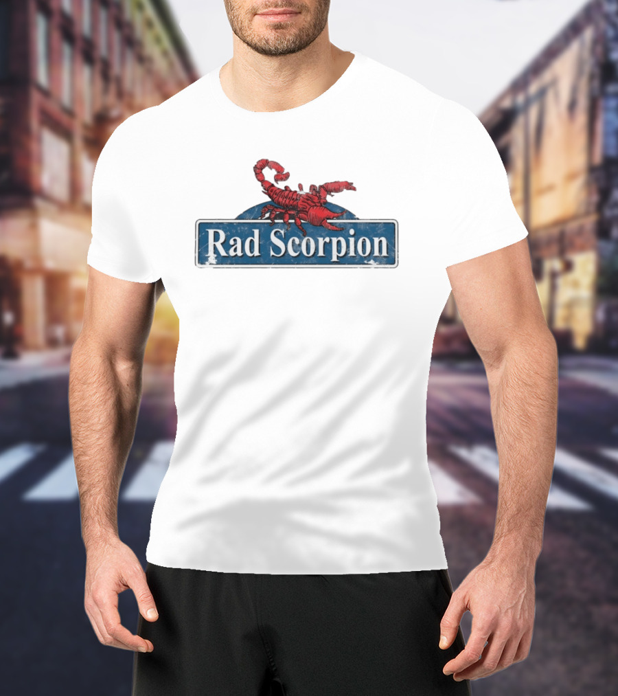 Rad Scorpion Retro Style Distressed Blue Street Sign With Red Scorpion T-Shirt