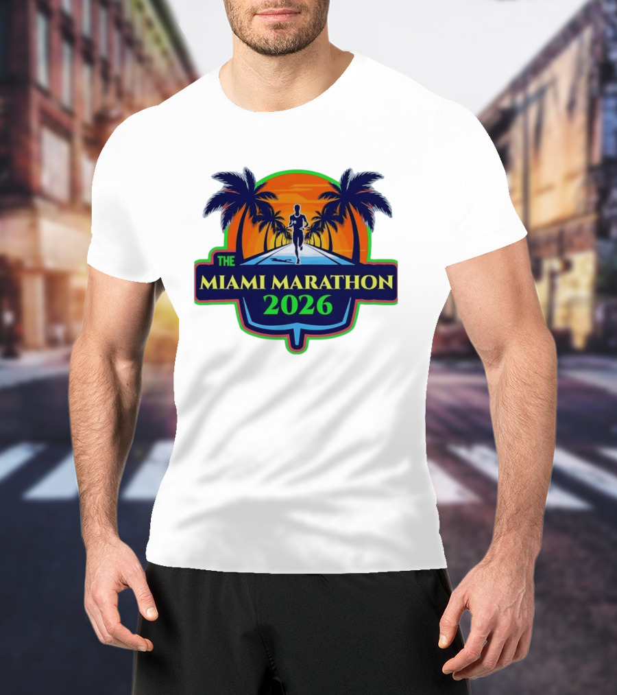 The Miami Marathon 2026 Palm Trees Sunset Runner T-Shirt