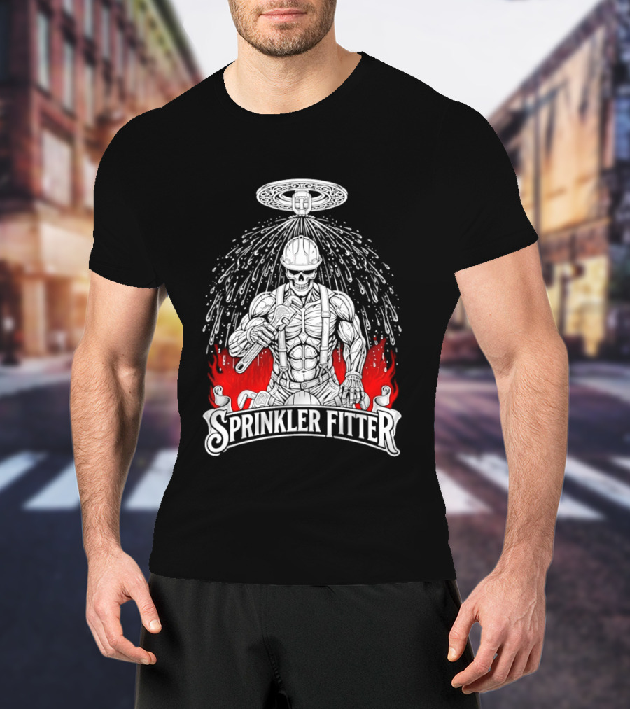 Skeleton Sprinkler Fitter With Fiery T-Shirt