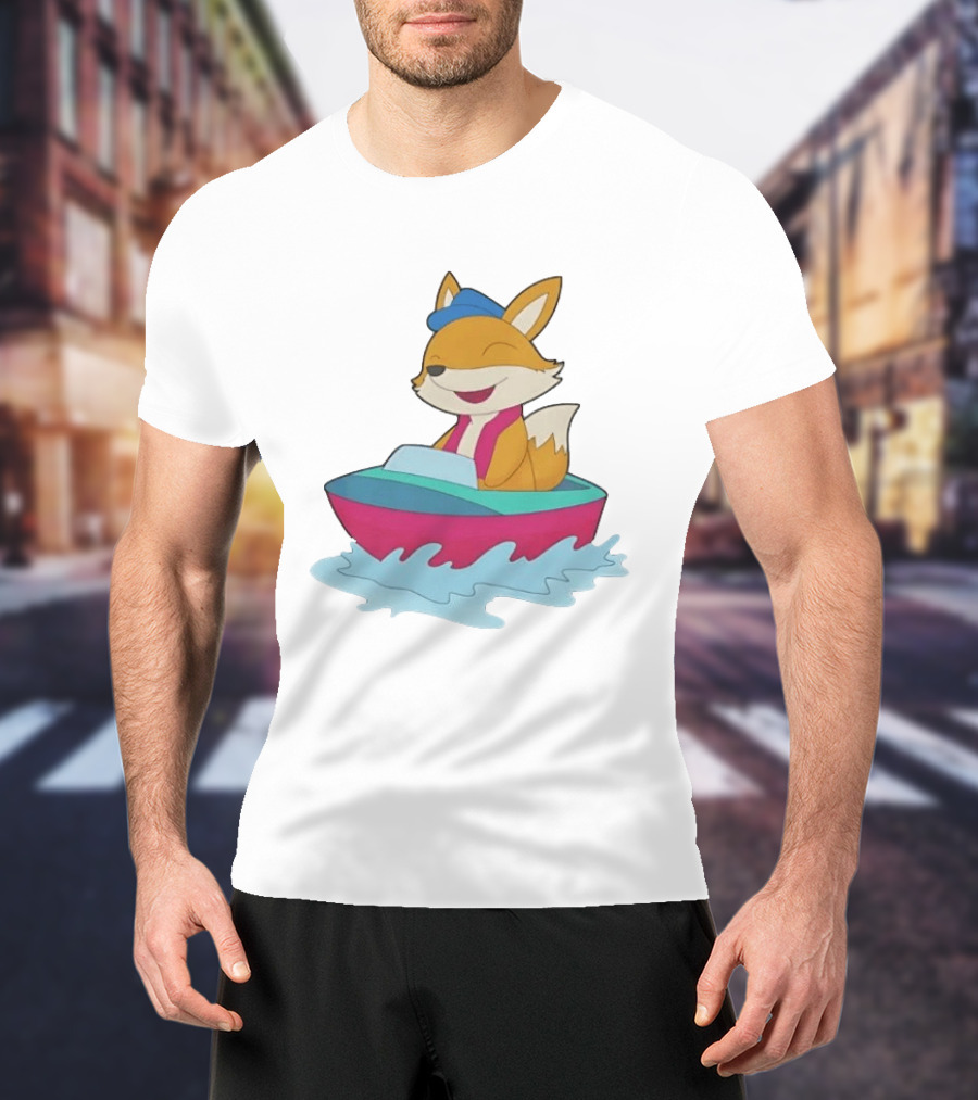 Cheerful Fox Sailing In Colorful Boat With Blue Hat And Pink Life Vest T-Shirt