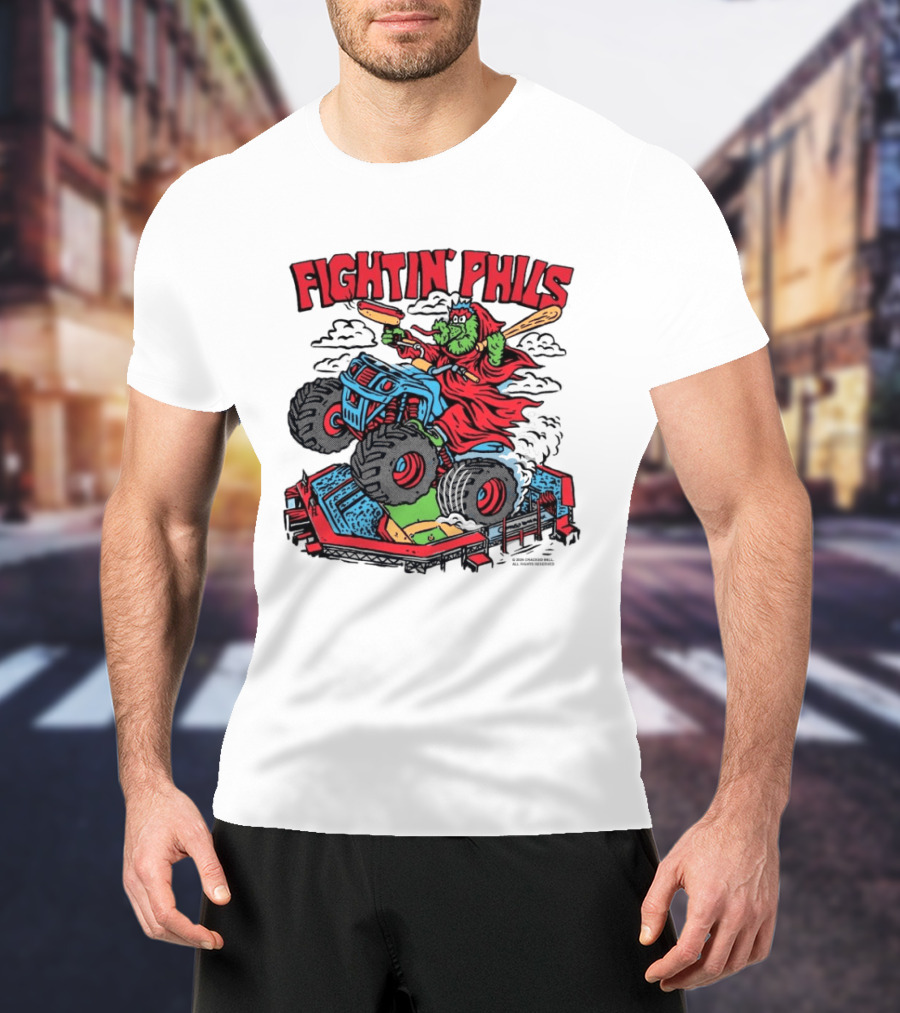 Fightin' Phils Monster Truck Creature Riding Over Baseball Stadium With Bats T-Shirt