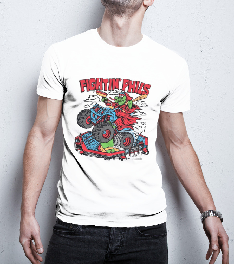 Fightin' Phils Monster Truck Creature Riding Over Baseball Stadium With Bats T-Shirt