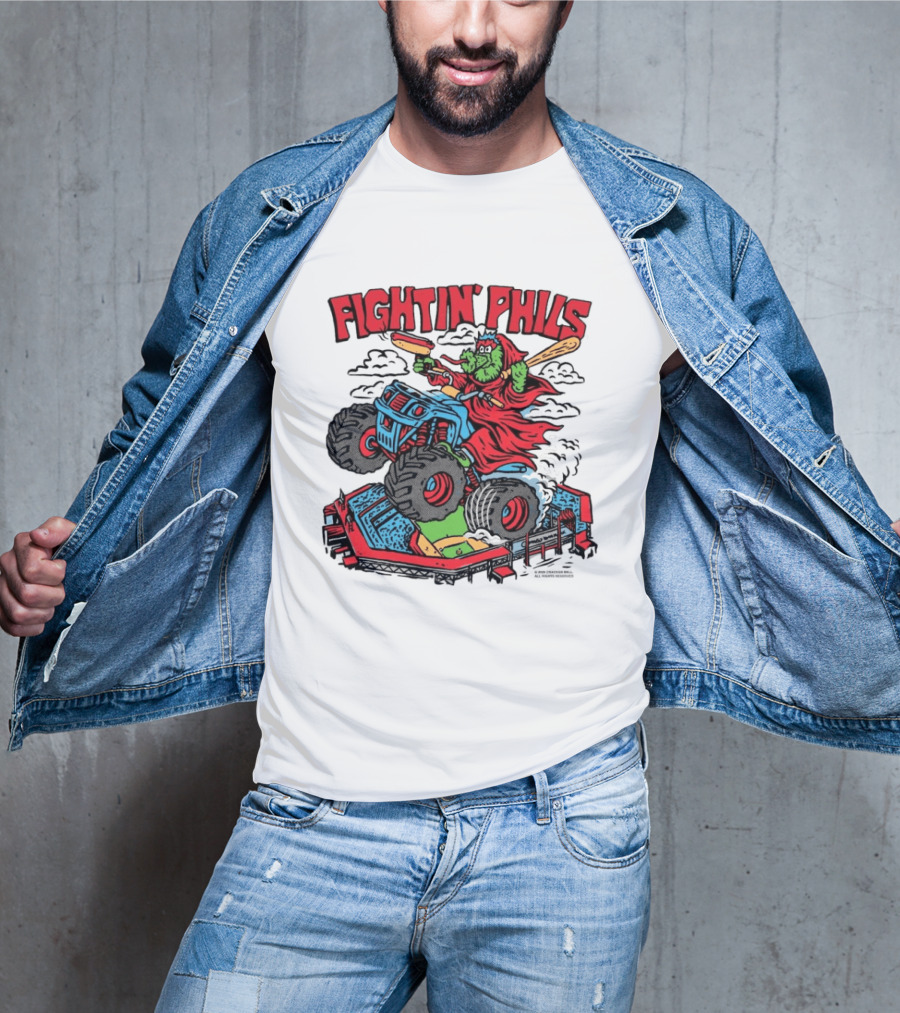 Fightin' Phils Monster Truck Creature Riding Over Baseball Stadium With Bats T-Shirt
