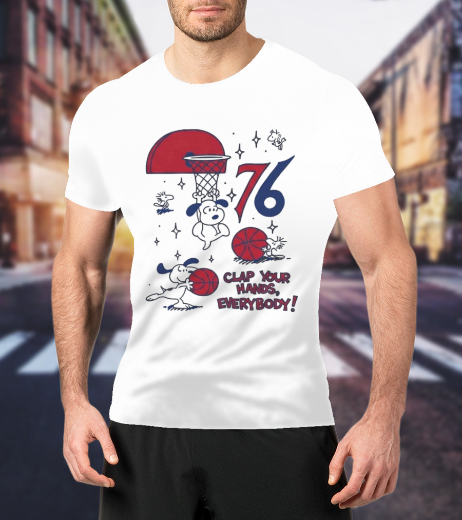 Snoopy Philadelphia 76ers Clap Your Hands Everybody Basketball Theme With Red And Blue T-Shirt