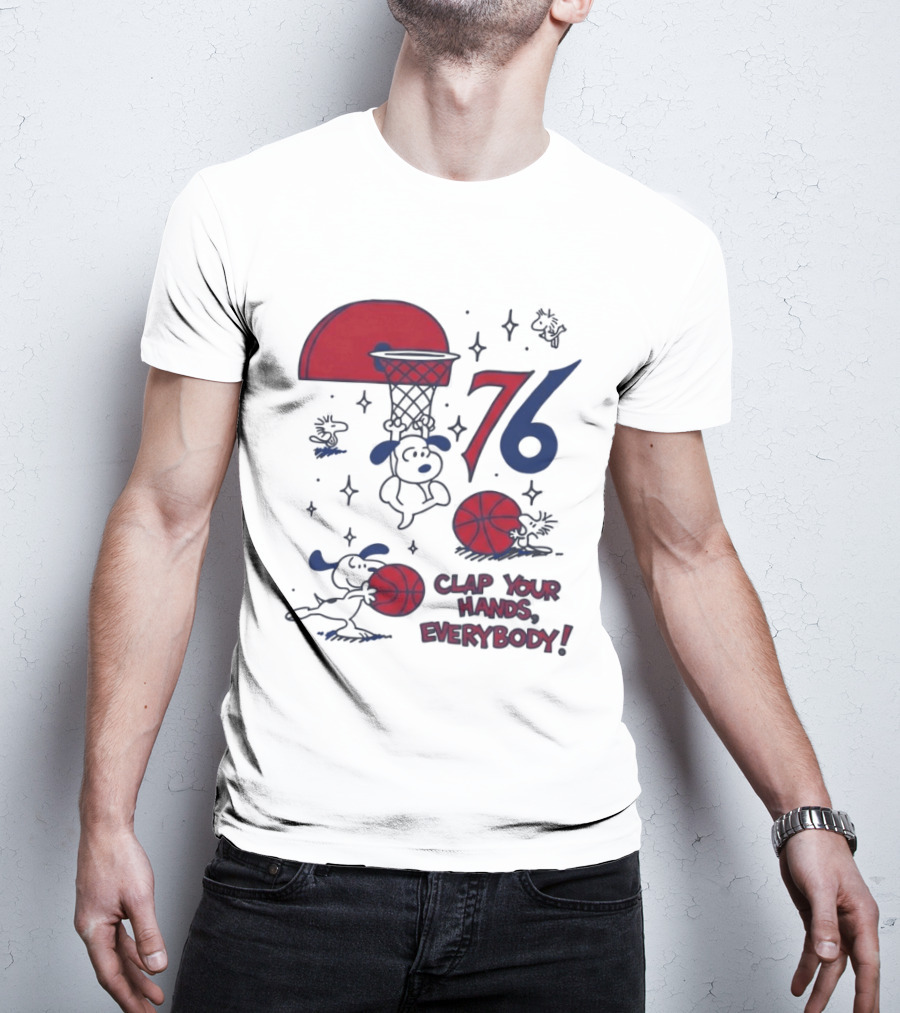 Snoopy Philadelphia 76ers Clap Your Hands Everybody Basketball Theme With Red And Blue T-Shirt