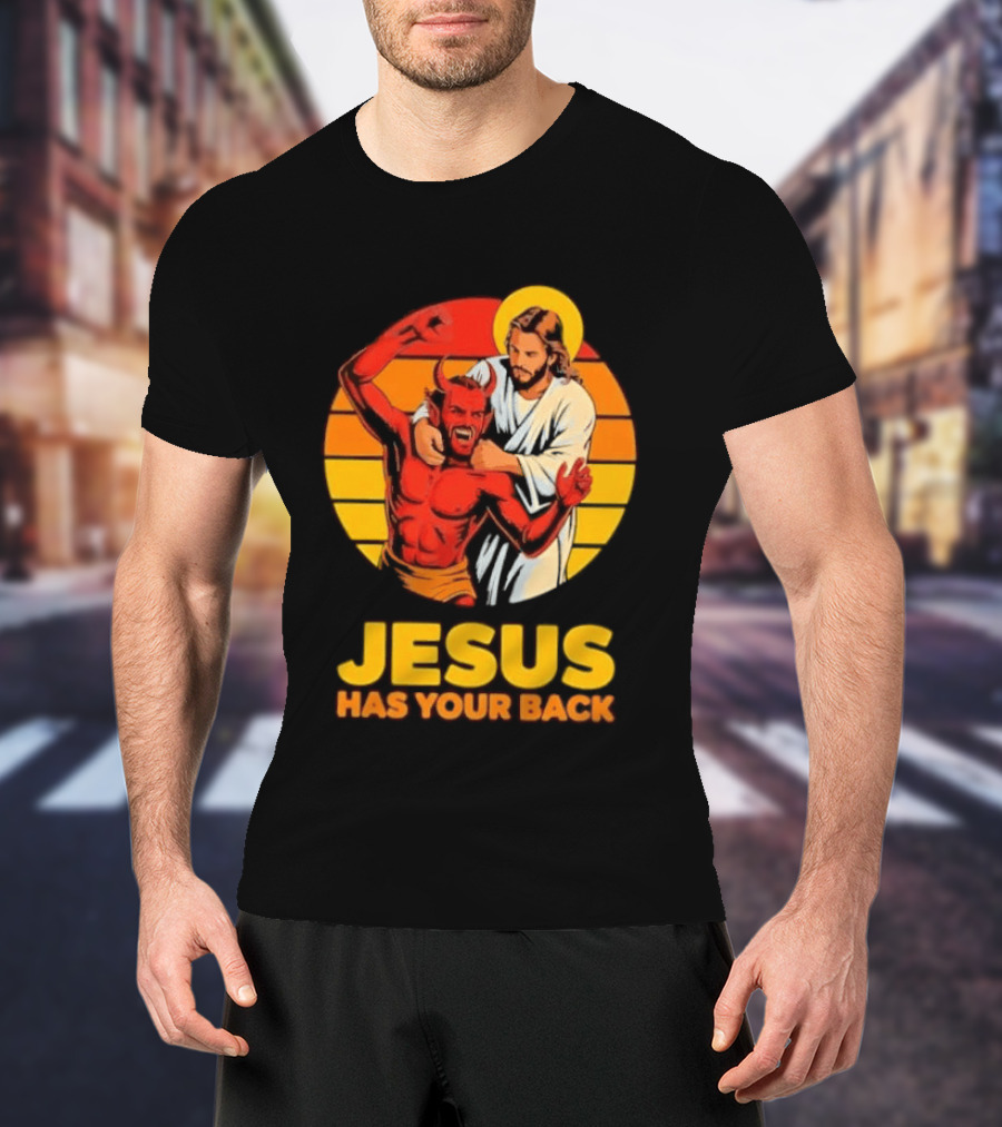 Jesus Has Your Back Vintage Illustration With Devil And Halo Symbolism T-Shirt