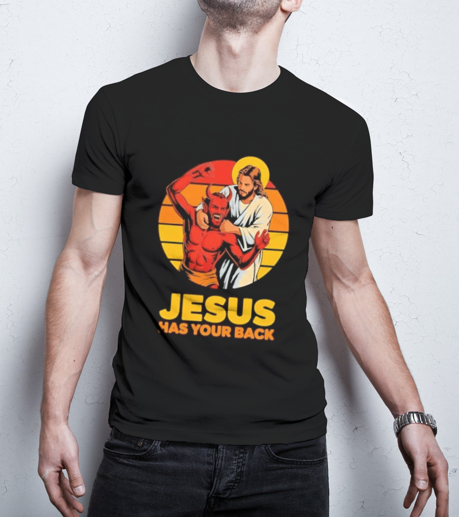Jesus Has Your Back Vintage Illustration With Devil And Halo Symbolism T-Shirt