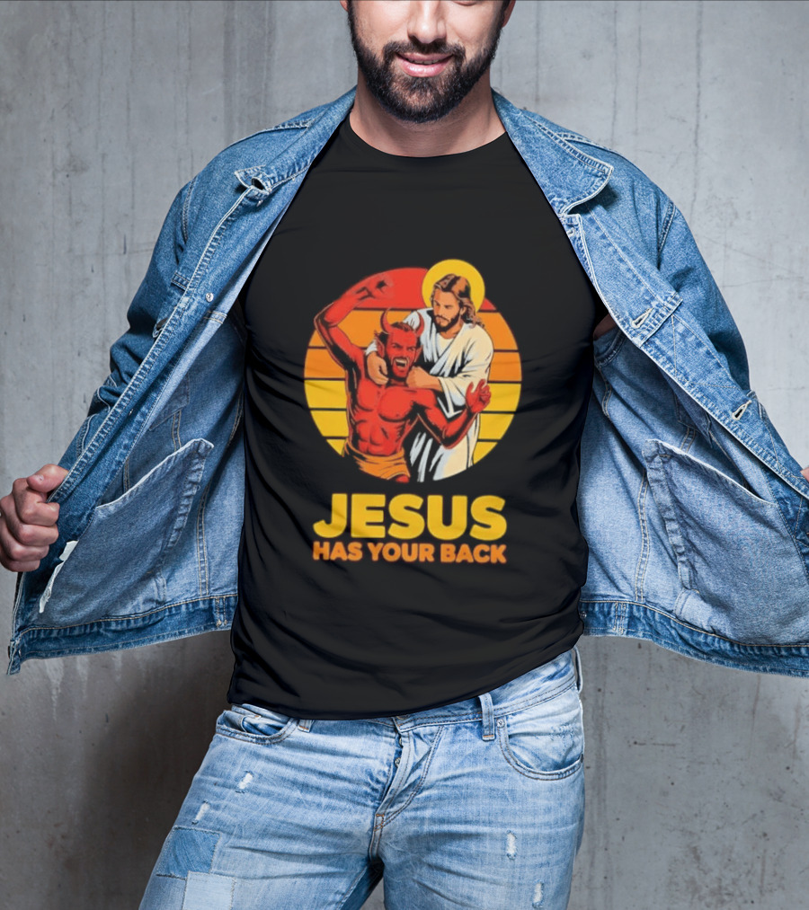 Jesus Has Your Back Vintage Illustration With Devil And Halo Symbolism T-Shirt