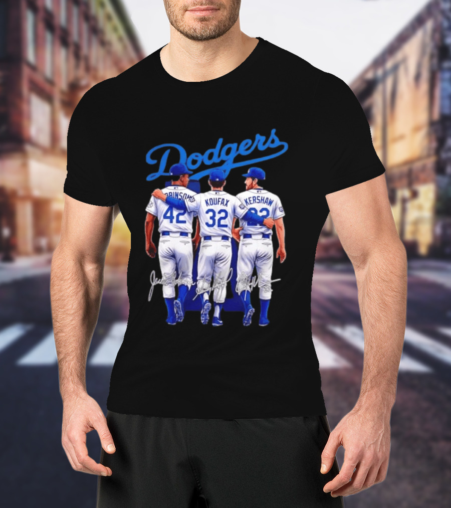 Los Angeles Dodgers Legendary Trio Jackie Robinson Sandy Koufax Clayton Kershaw Signatures T-Shirt