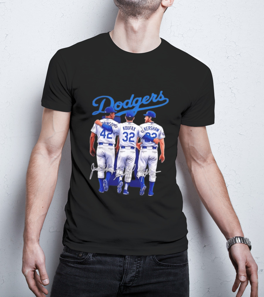 Los Angeles Dodgers Legendary Trio Jackie Robinson Sandy Koufax Clayton Kershaw Signatures T-Shirt