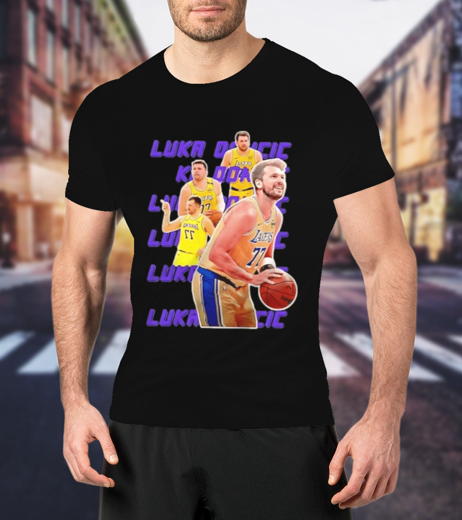 Luka Doncic Lakers 77 Action Shot Multiple Pose Purple Basketball Display T-Shirt