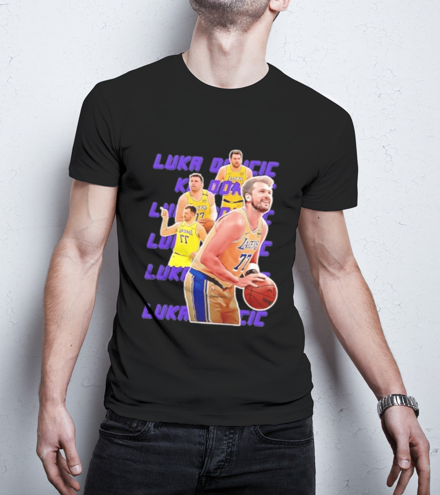 Luka Doncic Lakers 77 Action Shot Multiple Pose Purple Basketball Display T-Shirt