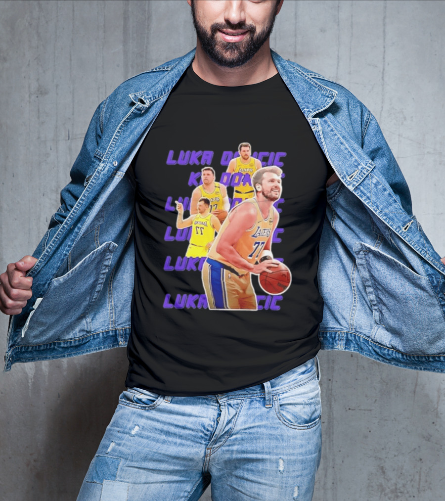 Luka Doncic Lakers 77 Action Shot Multiple Pose Purple Basketball Display T-Shirt