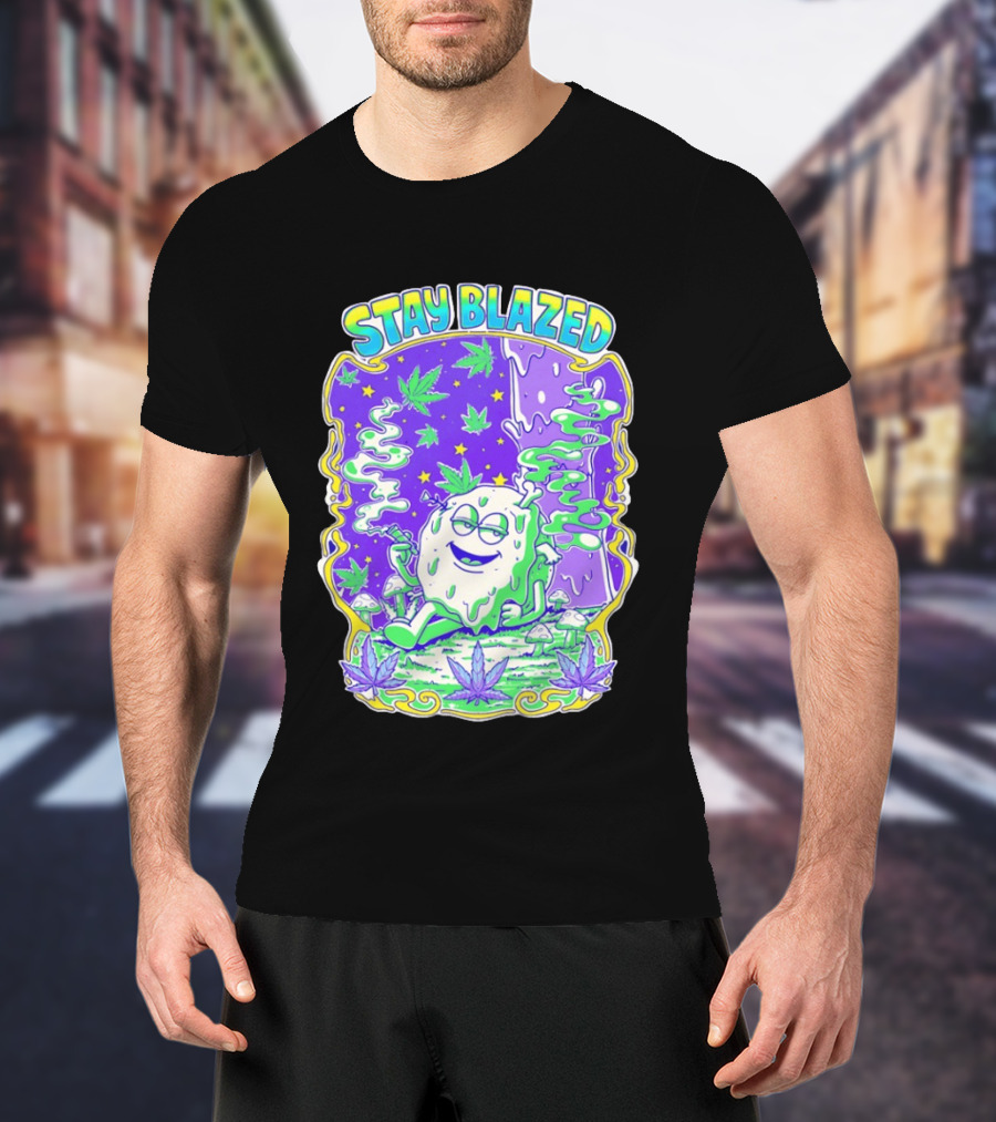 Stay Blazed Trippy Cannabis Character Psychedelic Art Leafs And Mushrooms T-Shirt